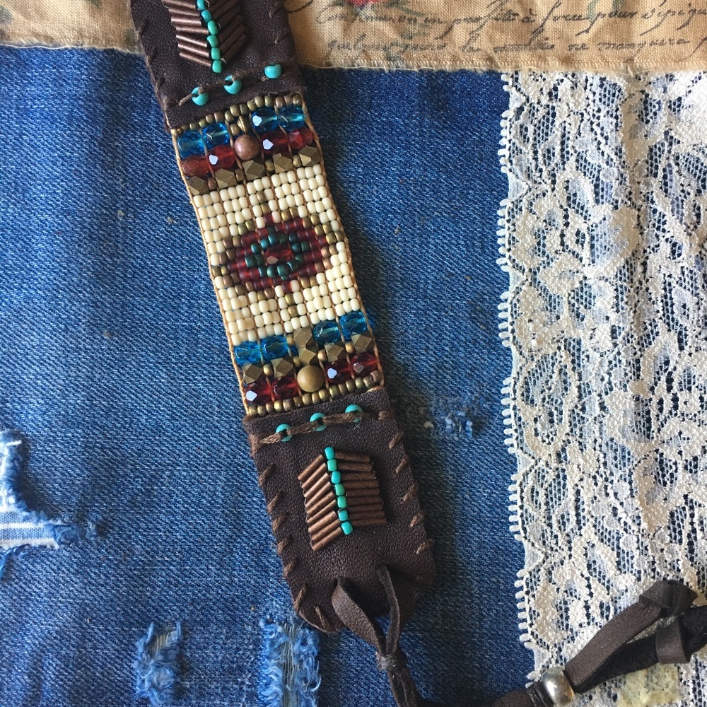 Sundance style inspired beaded leather cuff bracelet